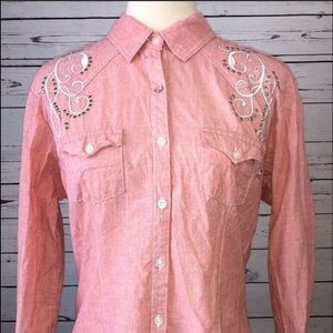 Panhandle Slim Medium Western Button Up Long Sleeve Shirt Flip Cuff Embroidery.